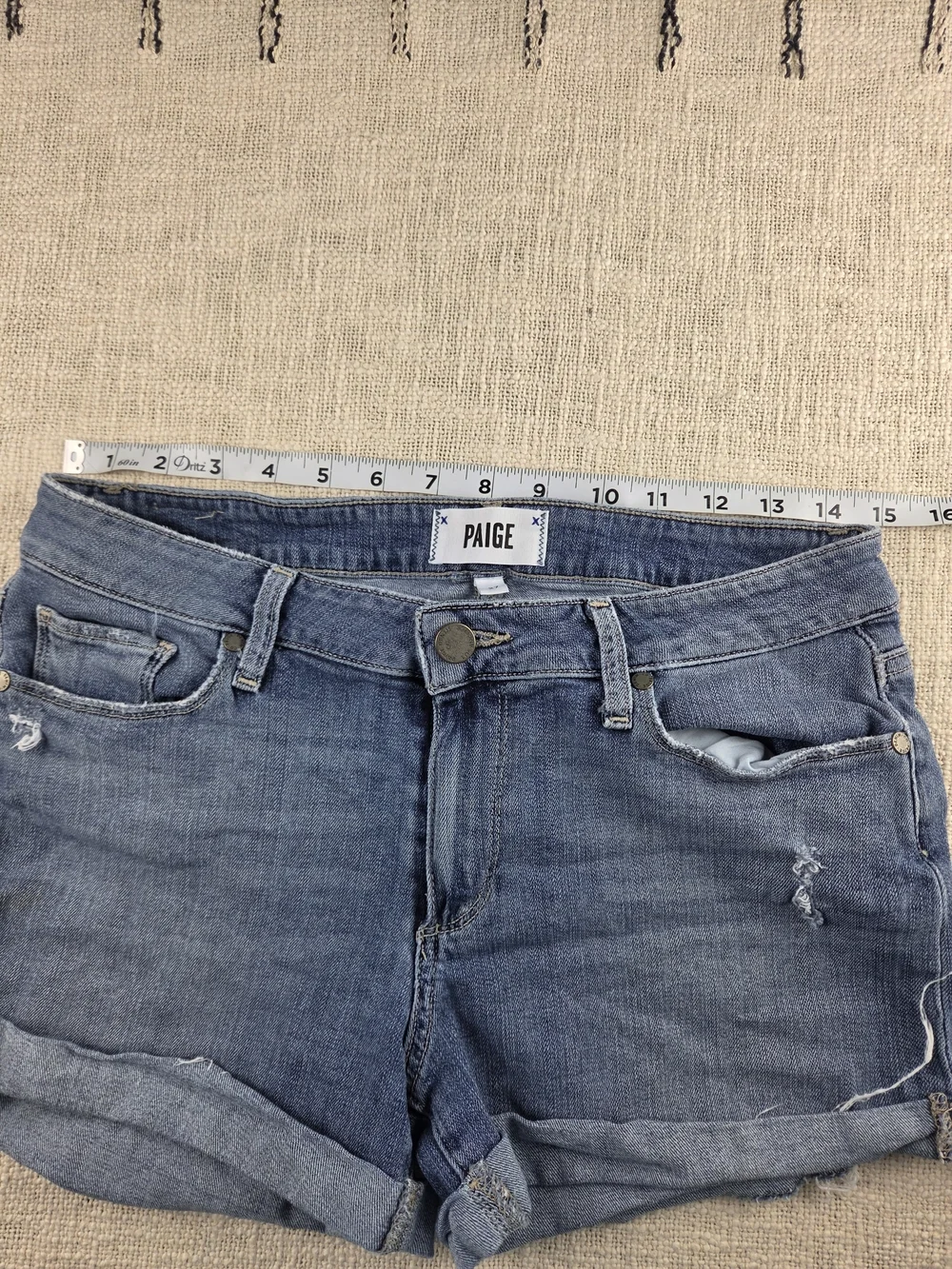 PAIGE Blue Distressed Cuffed Denim Shorts